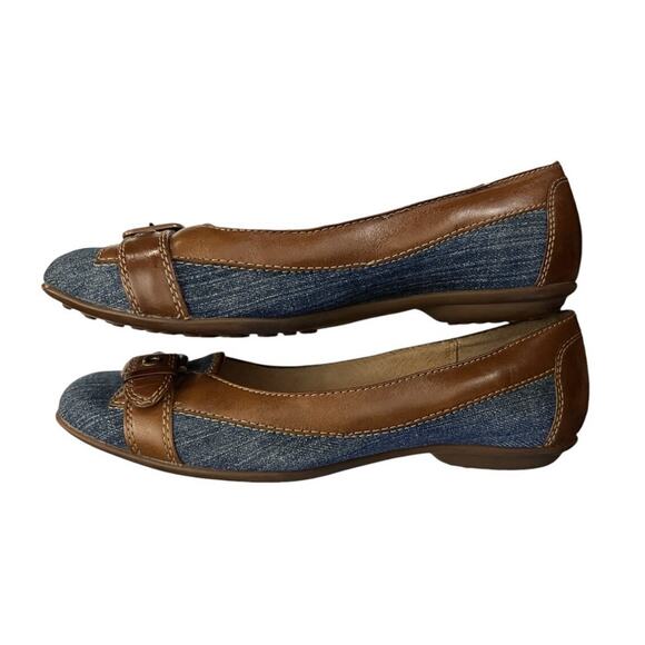 Sofft Flats Brown Leather Denim Blue Loafers Buckle Toe Womens 7.5 M Driving Moc - Picture 7 of 9